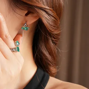 Vintage emerald green zircon jewelry set with silver teardrop earrings and ring for women