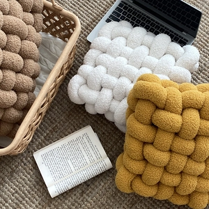 Hand-woven lamb wool square cushions in white, yellow and brown for sofa and home decor