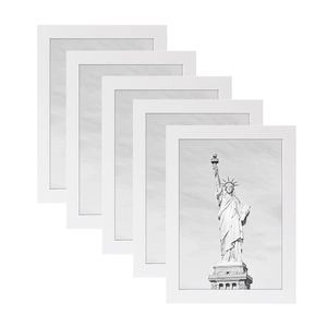 Set of five white minimalist wooden picture frames featuring Statue of Liberty art