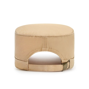 Khaki cotton flat top military cap with adjustable metal buckle back view for outdoor
