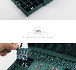 Macro view of dark green velvet jewelry box interior with ring slots and earring organizers