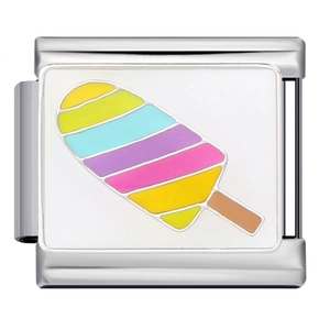 Italian modular charm bracelet link featuring rainbow ice cream design in stainless steel