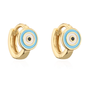 Detail of 18K gold plated hoop earrings featuring small blue and white evil eye enamel charms