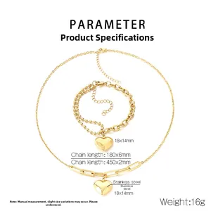 Detaillierte Größenangaben für 18K vergoldetes Herzanhänger Halsketten und Armband Set