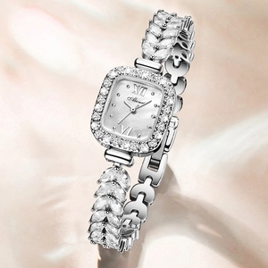 Montre À Quartz Femmes Cadran Carré Nacre Boîtier Alliage Strass Bracelet Zircon En Forme De Feuille Élégante