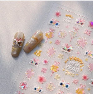 Detail of 2025 Lunar New Year nail stickers with laser effect and raised texture