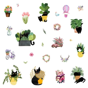 Cute black cat wall stickers with colorful flowers and garden decor for home wall art