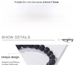 Detail view of 8mm lava rock beads bracelet with size chart and natural stone texture