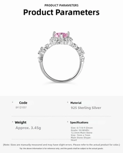 Detailed specs of S925 sterling silver ring with 7mm pink heart zircon and 5A grade stones