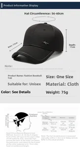 Tabella taglie cappello con visiera da 7,5cm e circonferenza regolabile da 56 a 60cm