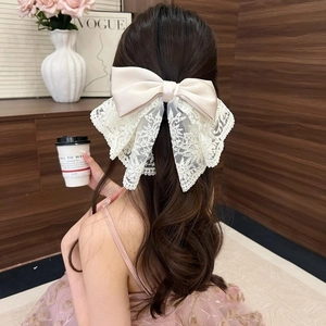 Large Lace Bowknot Hair Claw Clip Satin Ribbon Elegant French Retro Ponytail Holder Styling Accessory For Women