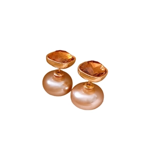 18K gold plated double pearl earrings with sparkling champagne crystal in elegant rose gold