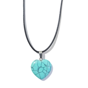 Handmade heart-shaped turquoise stone pendant with black cord necklace and metal clasp