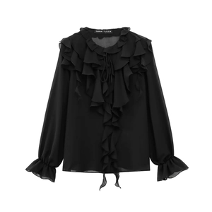 Elegante schwarze Rüschen-Chiffonbluse für Damen mit langem Arm und Lagen-Schleifen-Design