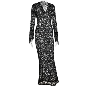 Close-up detail of sheer floral lace texture and flared sleeve on black V-neck maxi dress