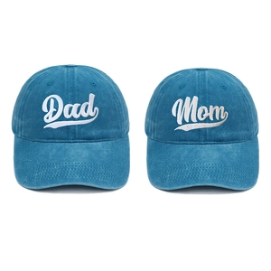 Detail of Dad and Mom embroidered washed cotton baseball caps in blue set of two
