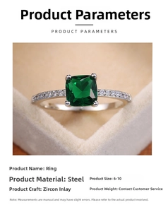 Detail view of square green zircon ring in silver steel with paved stones