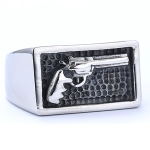 Bague Chevalière Revolver Pour Hommes Acier Inoxydable 316L Punk Rock Biker Vintage Face Rectangulaire