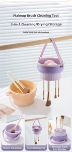 3-in-1 makeup brush cleaner bowl for washing, drying, and storage in purple and orange