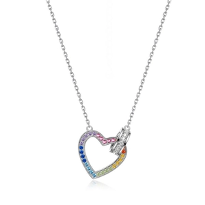 S925 sterling silver hollow heart necklace with rainbow zircon gems on white background