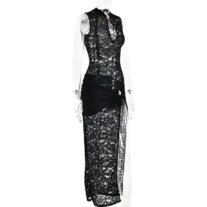 Detailed close-up of intricate black lace floral patterns on a sleeveless dress