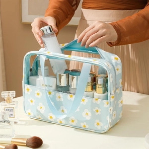 Transparent Makeup Toiletry Bag Waterproof PVC Travel Organizer Portable Large Capacity Floral Printed Storage Pouch