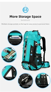 Detailed 60L hiking backpack with shoe compartment and side pockets for outdoor camping