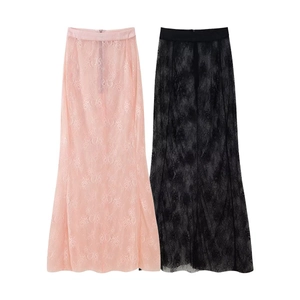 Women's summer slim fit floral lace maxi skirt set in pink and black colors