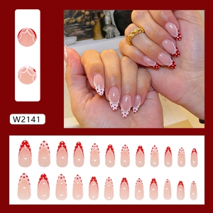 French tip press on nails with red polka dots and white lace details, 24pcs set