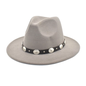 Grey wool fedora hat with black leather band and silver metal buckles for outdoor travel