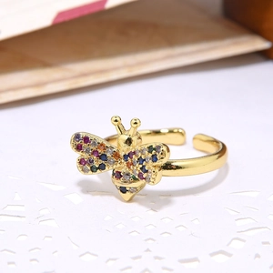 Adjustable 18k gold plated bee ring featuring colorful cubic zirconia stones