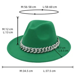Size chart for green fedora hat with acrylic diamond chain in sizes M and L
