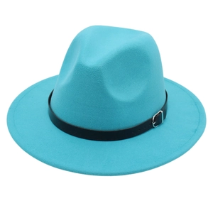 Detail of teal fedora hat showing textured felt material and black leather band