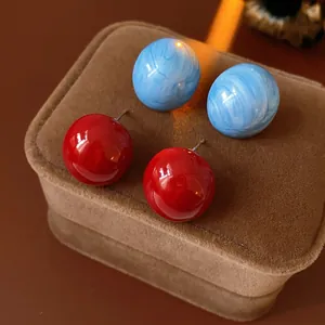 Retro Ball Stud Earrings With Silver Earring Post Enamel Resin Marble Texture Alloy Delicate Jewelry For Women