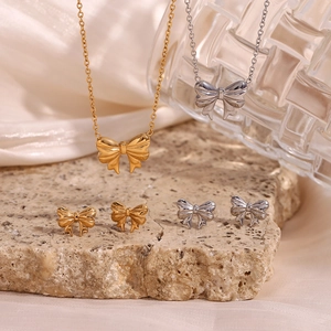 Stainless Steel Bowknot Ribbon Pendant Necklace Stud Earrings For Women Elegant Gold Silver Color Ribbon Fashion Jewelry