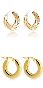 Detail view of gold-plated geometric hoop earrings and minimalist multi-layer stud earrings
