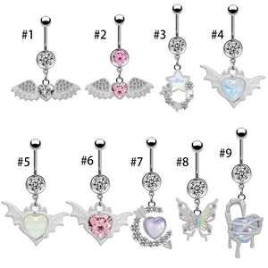 Detailed catalog of stainless steel belly rings with heart, butterfly, and star zircon charms