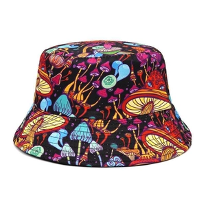 Unisex sun protection bucket hat featuring vibrant psychedelic mushroom patterns on black