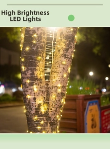 Close-up of high-brightness warm yellow LED beads on flexible wire for outdoor decoration