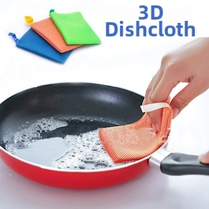 Three-color 3D mesh dishcloth set with hanging loops for efficient kitchen cleaning