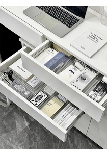 Overhead shot of clear acrylic drawer organizers for desk stationery and supplies