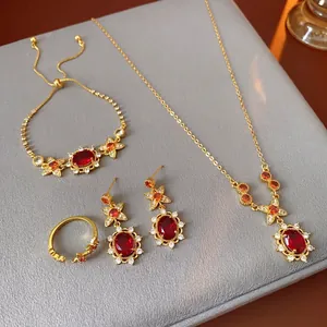 Vintage Court Style Red Oval Zircon Jewelry Necklace Bracelet Ring Earrings With Silver Earring Post Gold Plated Copper