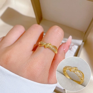 Twisted Crossed Open Ring Brass Gold Plated Micro Pave Cubic Zirconia Elegant Minimalist Adjustable Finger Jewelry Women