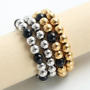 Dreiteiliges Edelstahl-Perlenarmband-Set in Gold, Silber und Schwarz poliert