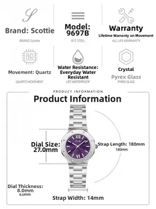 Détails du cadran violet effet soleil et du bracelet en acier avec dimensions