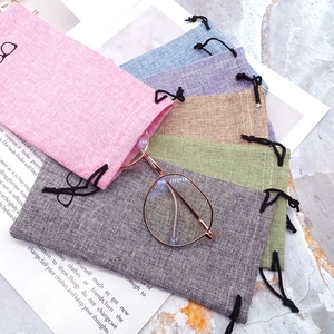Linen drawstring pouches for sunglasses and jewelry in six vibrant assorted colors