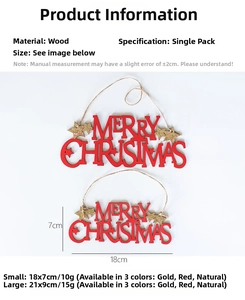 Detail of red and gold Merry Christmas wooden signs in small and large size
