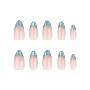 Almond press-on nails with pale nude base and ice blue cat-eye French tips, set of 10 pieces