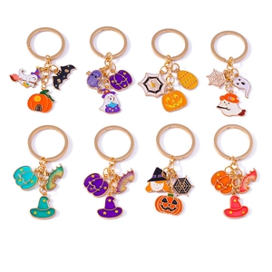 Set of 8 Halloween keychains with colorful enamel pumpkin ghost and bat charms