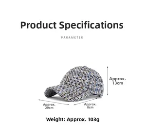 Technical drawing of tweed baseball cap showing 13cm height and 8cm brim dimensions